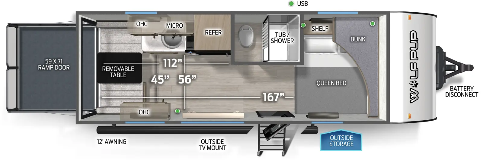 The Wolf Pup 18RJBW floorplan is a toy hauler that has one entry and zero slide outs. Exterior features include: metal exterior and 12' awning. Interiors features include: bunk beds and front bedroom.